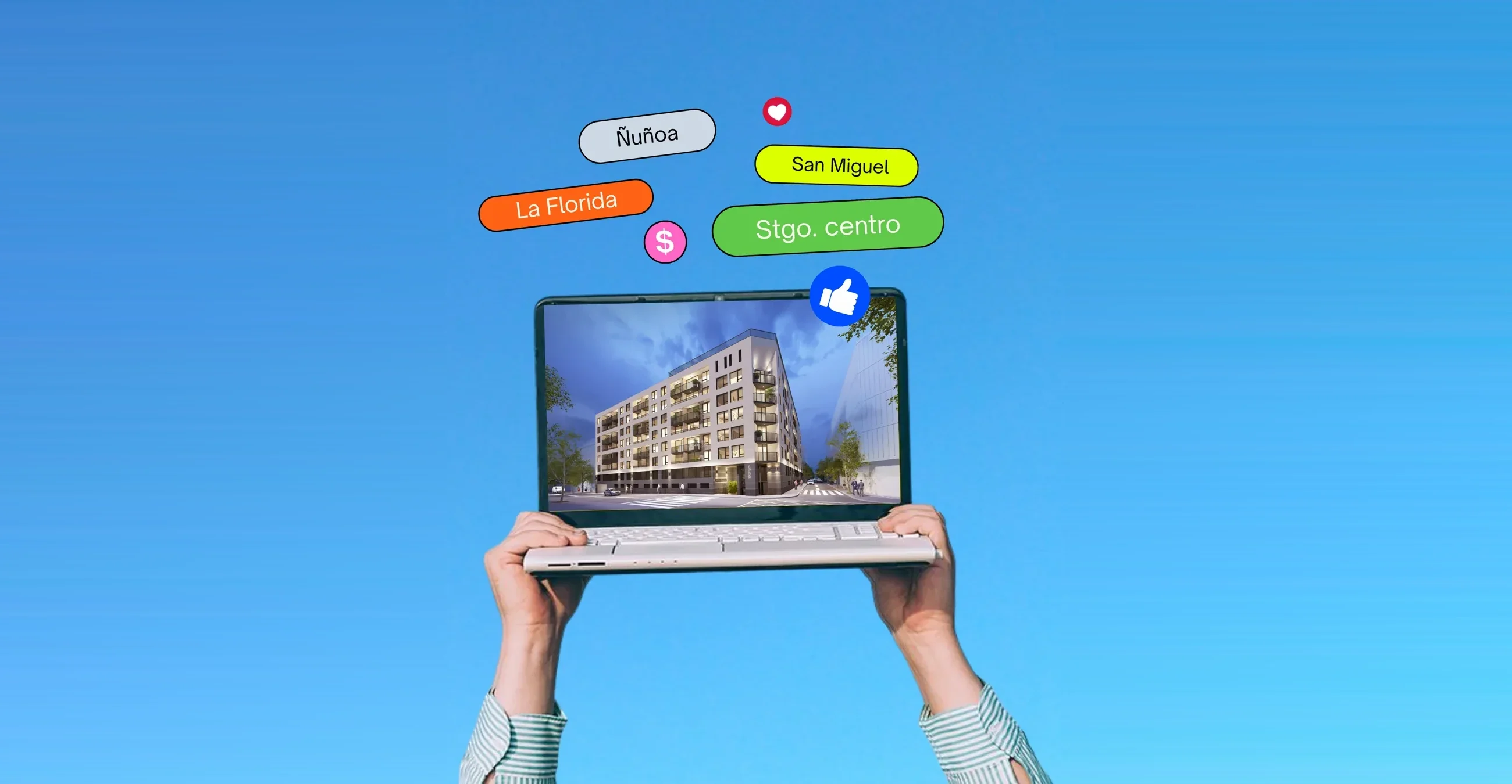 Una persona sostiene un laptop con el render de un edificio y las comunas de la campaña
