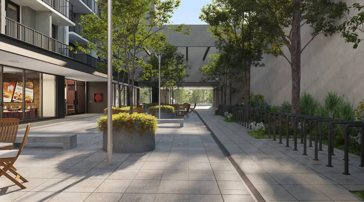 Render del boulevard y espacios comunes de proyecto en La Florida