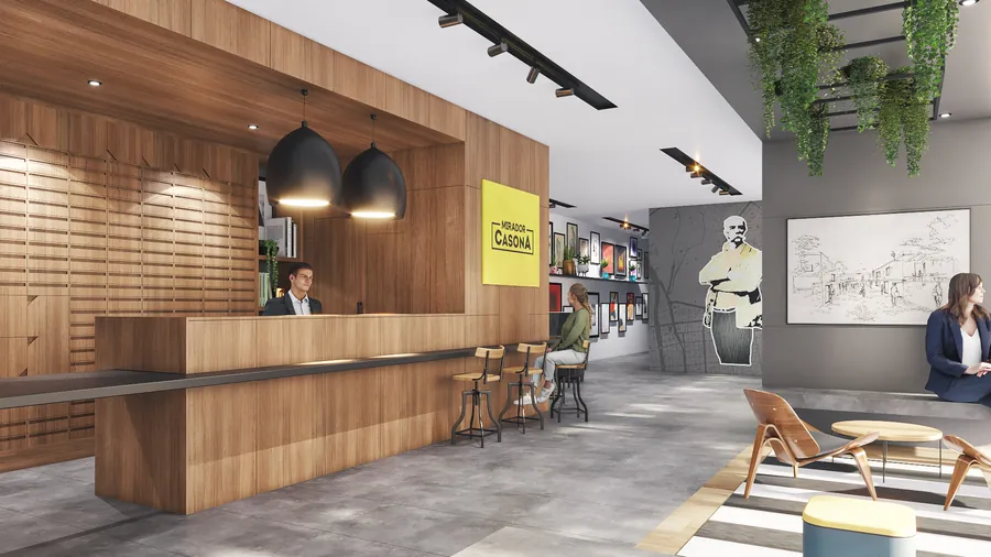 Render del hall de acceso de proyecto en La Florida
